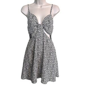 Daisy Floral Print Black and White Cut Out Y2k Mini Dress Smocked Nwt Size S